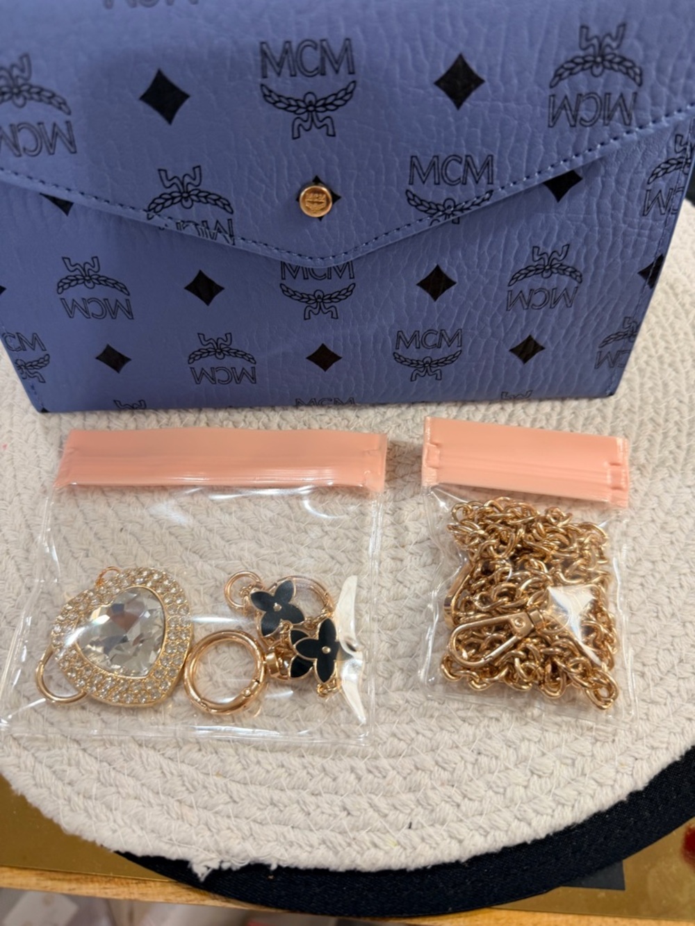 MCM Blue Monogram Clutch Crossbody (Novelty) + Heart extender and Keychain - NIB - Picture 10 of 10